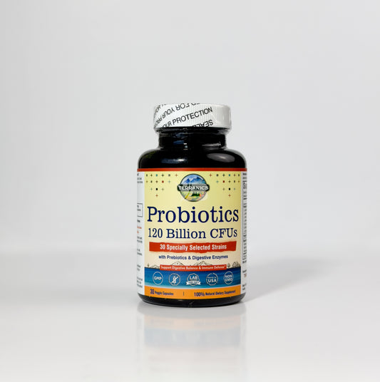 Probióticos 120 mil millones con prebióticos y enzimas digestivas, TERRANICS | 30 cepas probadas, digestión completa y apoyo inmunológico.