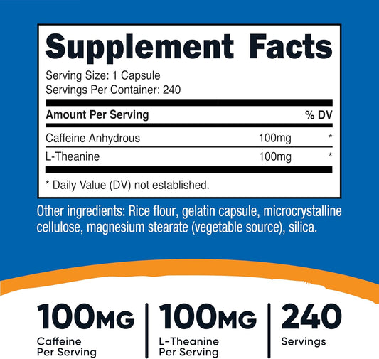 Nutricost Cafeína + L-Teanina: energía y enfoque sin el bajón, 240 cápsulas