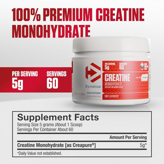 Dymatize Creatina Monohidratada Creapure®: 100 % pura, sin sabor, 60 porciones