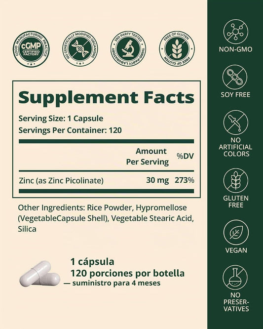 Picolinato de Zinc 30 mg BienRaíz | 120 Cápsulas Veganas