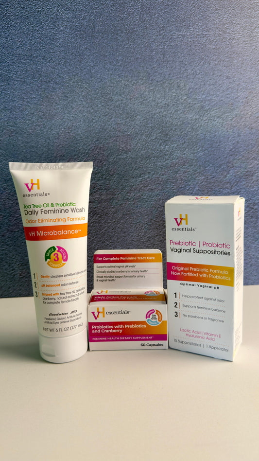 Kit Femenino vH Essentials | Probioticos, Limpiador Íntimo y Supositorios.
