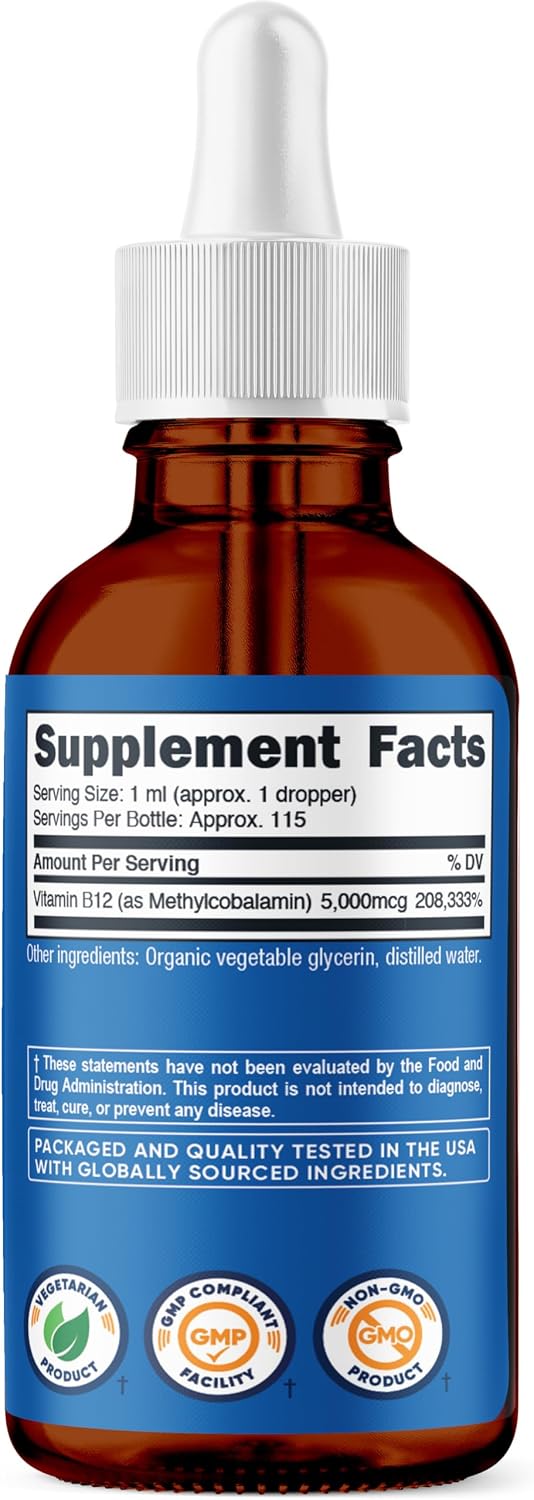 Vitamina B12 (Metilcobalamina) Gotas líquidas (5,000mcg) Nutricost | 3.8 Fl. Oz, orgánico USDA, certificado OTCO, apto para vegetarianos, sin OMG, sin gluten, 115 porciones