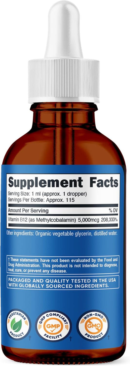 Vitamina B12 (Metilcobalamina) Gotas líquidas (5,000mcg) Nutricost | 3.8 Fl. Oz, orgánico USDA, certificado OTCO, apto para vegetarianos, sin OMG, sin gluten, 115 porciones