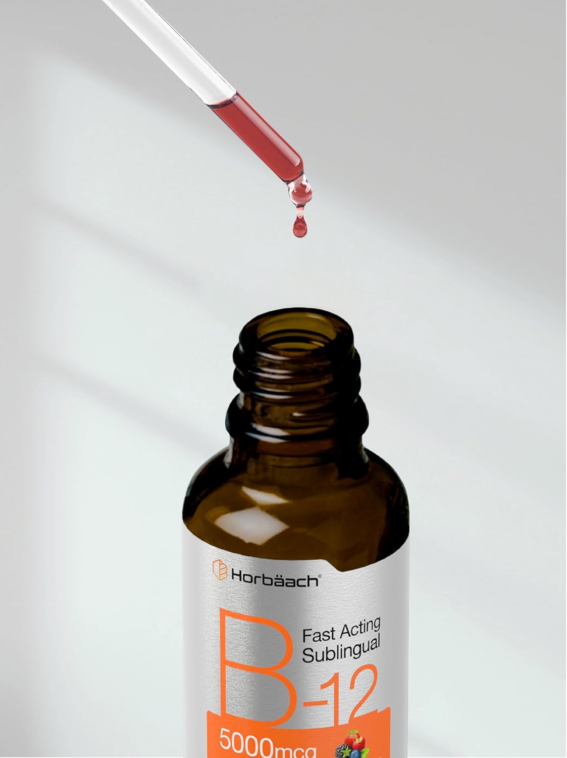 B12 Vitamina 5000 mcg Sublingual Hoorbach | 4 onzas líquidas | como metilcobalamina y cianocobalamina | Gotas vegetarianas líquidas | Sabor a bayas