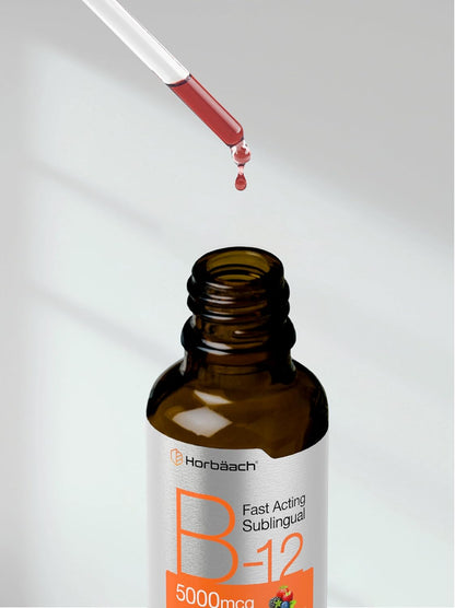 B12 Vitamina 5000 mcg Sublingual Hoorbach | 4 onzas líquidas | como metilcobalamina y cianocobalamina | Gotas vegetarianas líquidas | Sabor a bayas
