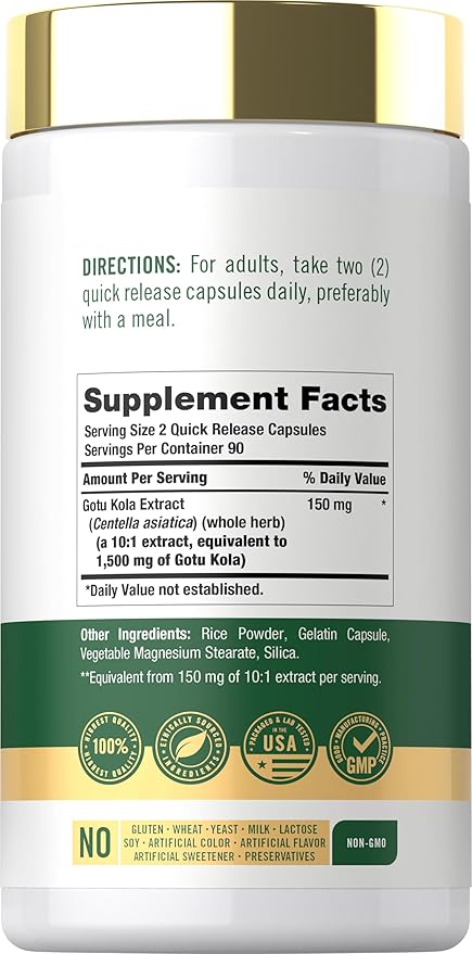 Gotu Kola de 1500 mg | Centella Asiática | Anticelulitis | 180 unidades | Usa