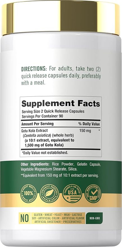 Gotu Kola de 1500 mg | Centella Asiática | Anticelulitis | 180 unidades | Usa