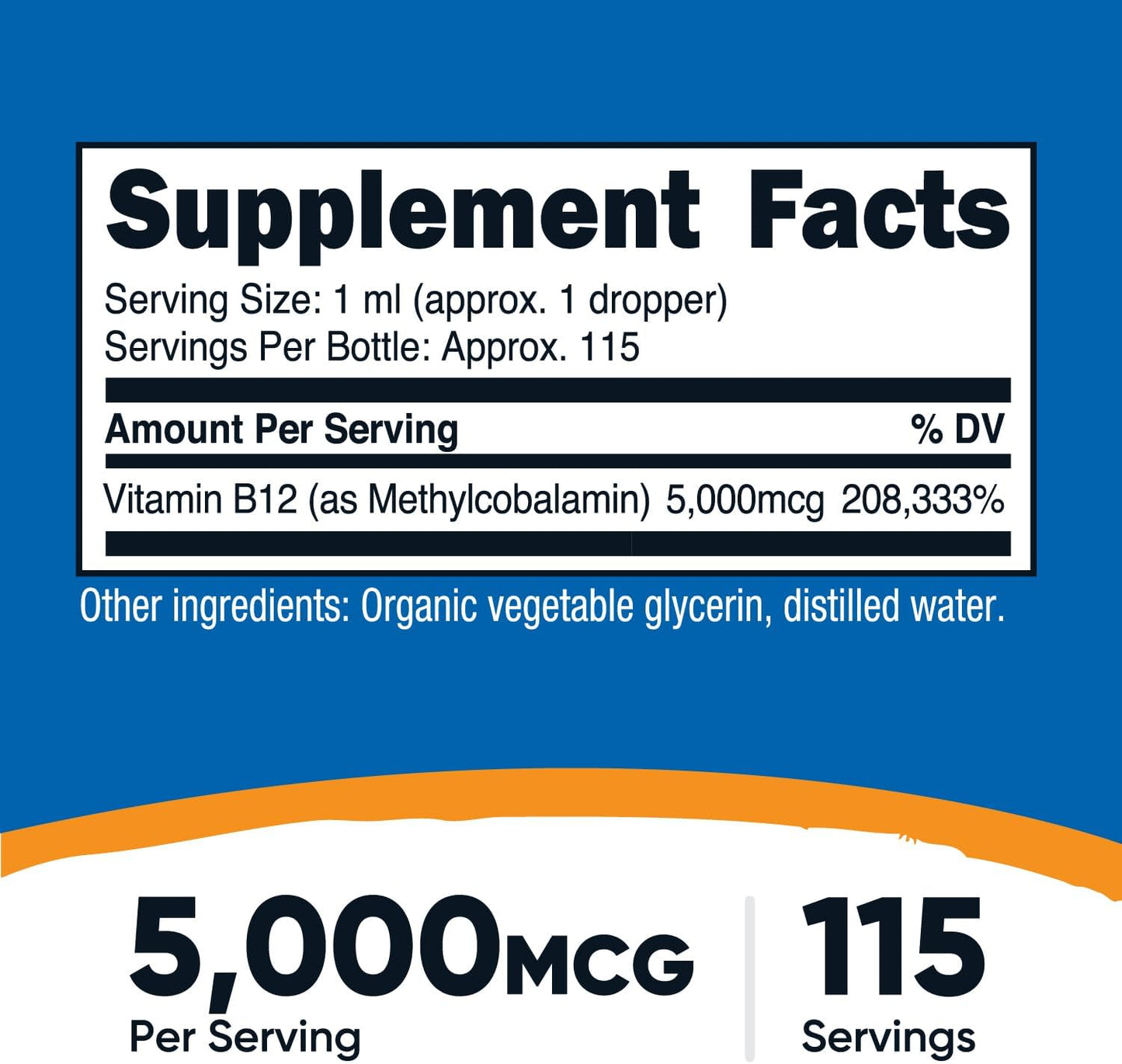 Vitamina B12 (Metilcobalamina) Gotas líquidas (5,000mcg) Nutricost | 3.8 Fl. Oz, orgánico USDA, certificado OTCO, apto para vegetarianos, sin OMG, sin gluten, 115 porciones