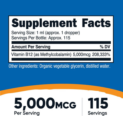 Vitamina B12 (Metilcobalamina) Gotas líquidas (5,000mcg) Nutricost | 3.8 Fl. Oz, orgánico USDA, certificado OTCO, apto para vegetarianos, sin OMG, sin gluten, 115 porciones
