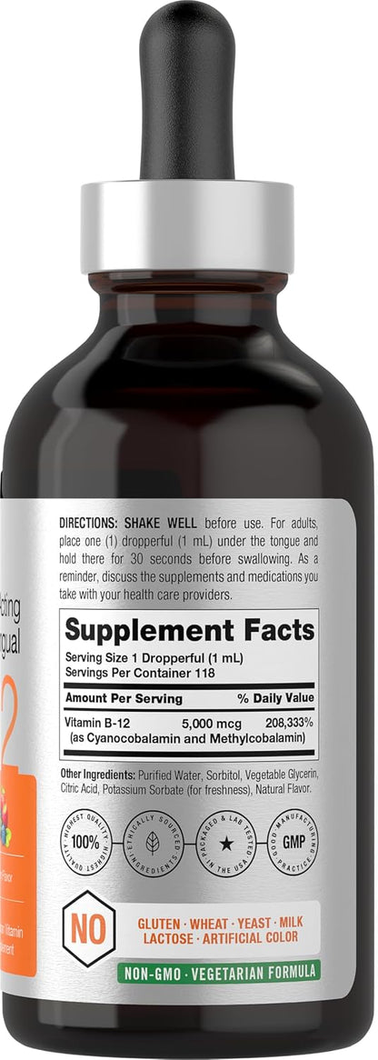 B12 Vitamina 5000 mcg Sublingual Hoorbach | 4 onzas líquidas | como metilcobalamina y cianocobalamina | Gotas vegetarianas líquidas | Sabor a bayas