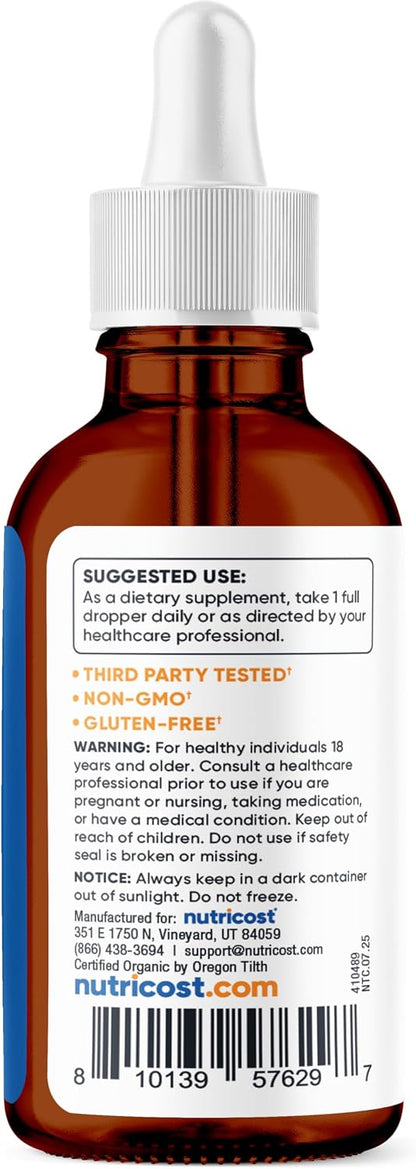 Vitamina B12 (Metilcobalamina) Gotas líquidas (5,000mcg) Nutricost | 3.8 Fl. Oz, orgánico USDA, certificado OTCO, apto para vegetarianos, sin OMG, sin gluten, 115 porciones
