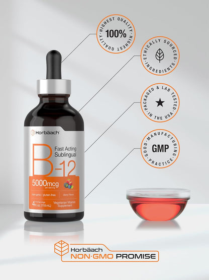 B12 Vitamina 5000 mcg Sublingual Hoorbach | 4 onzas líquidas | como metilcobalamina y cianocobalamina | Gotas vegetarianas líquidas | Sabor a bayas