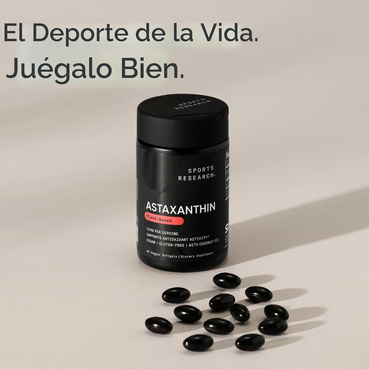 Astaxantina de Triple Fuerza 12mg con Aceite de Coco Orgánico | Sports Research | Suplemento Antioxidante para el Apoyo de la Salud de la Piel y los Ojos.
