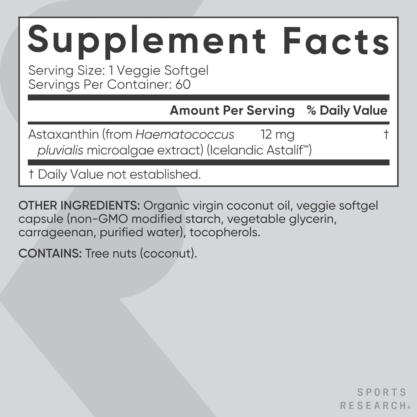 Astaxantina de Triple Fuerza 12mg con Aceite de Coco Orgánico | Sports Research | Suplemento Antioxidante para el Apoyo de la Salud de la Piel y los Ojos.