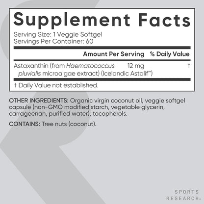 Astaxantina de Triple Fuerza 12mg con Aceite de Coco Orgánico | Sports Research | Suplemento Antioxidante para el Apoyo de la Salud de la Piel y los Ojos.