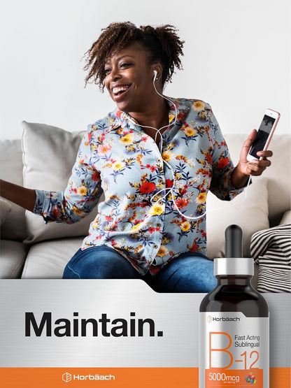 B12 Vitamina 5000 mcg Sublingual Hoorbach | 4 onzas líquidas | como metilcobalamina y cianocobalamina | Gotas vegetarianas líquidas | Sabor a bayas