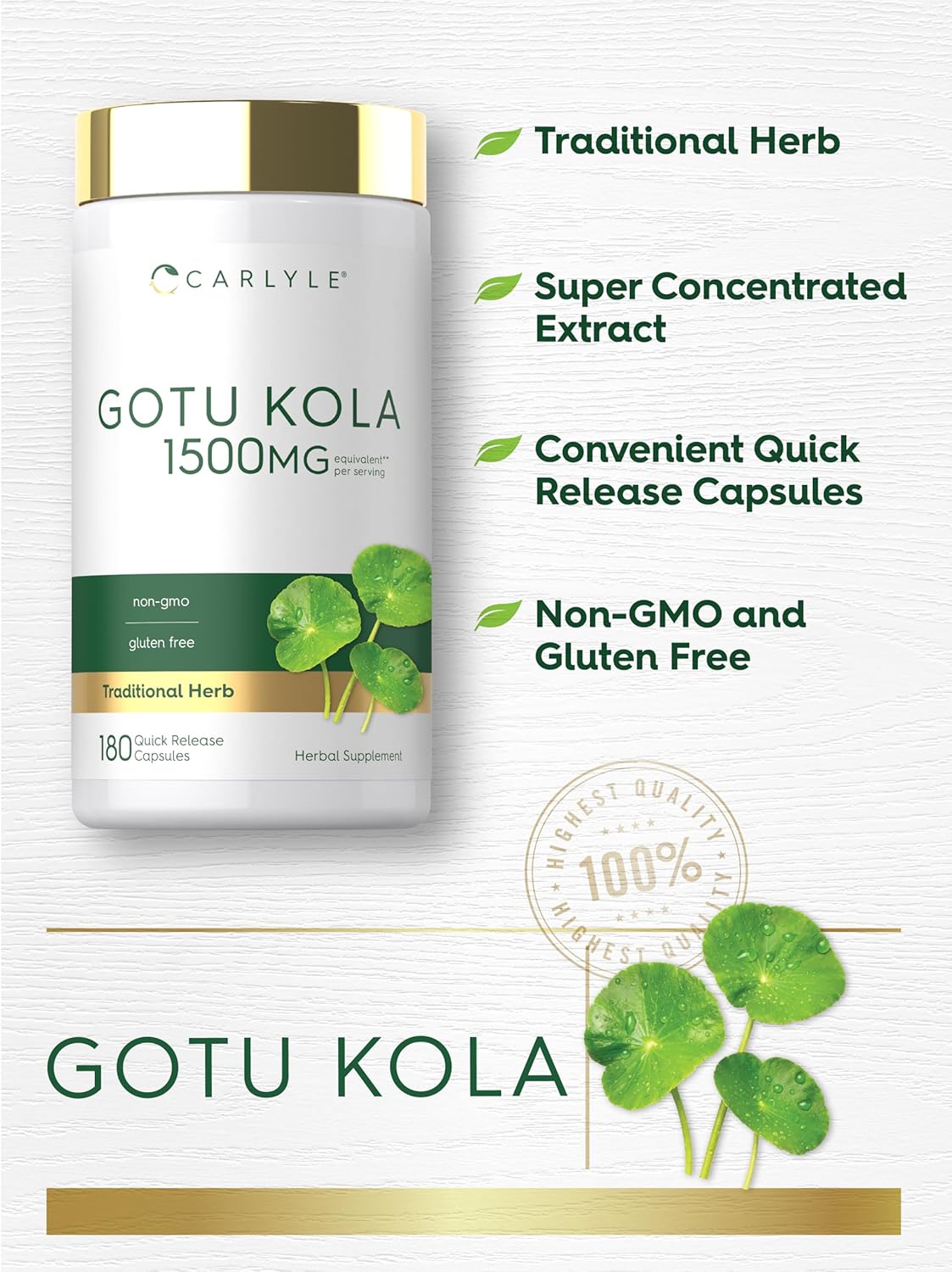 Gotu Kola de 1500 mg | Centella Asiática | Anticelulitis | 180 unidades | Usa