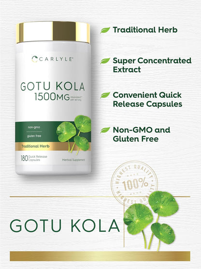 Gotu Kola de 1500 mg | Centella Asiática | Anticelulitis | 180 unidades | Usa