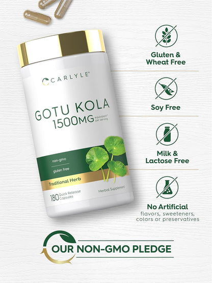 Gotu Kola de 1500 mg | Centella Asiática | Anticelulitis | 180 unidades | Usa