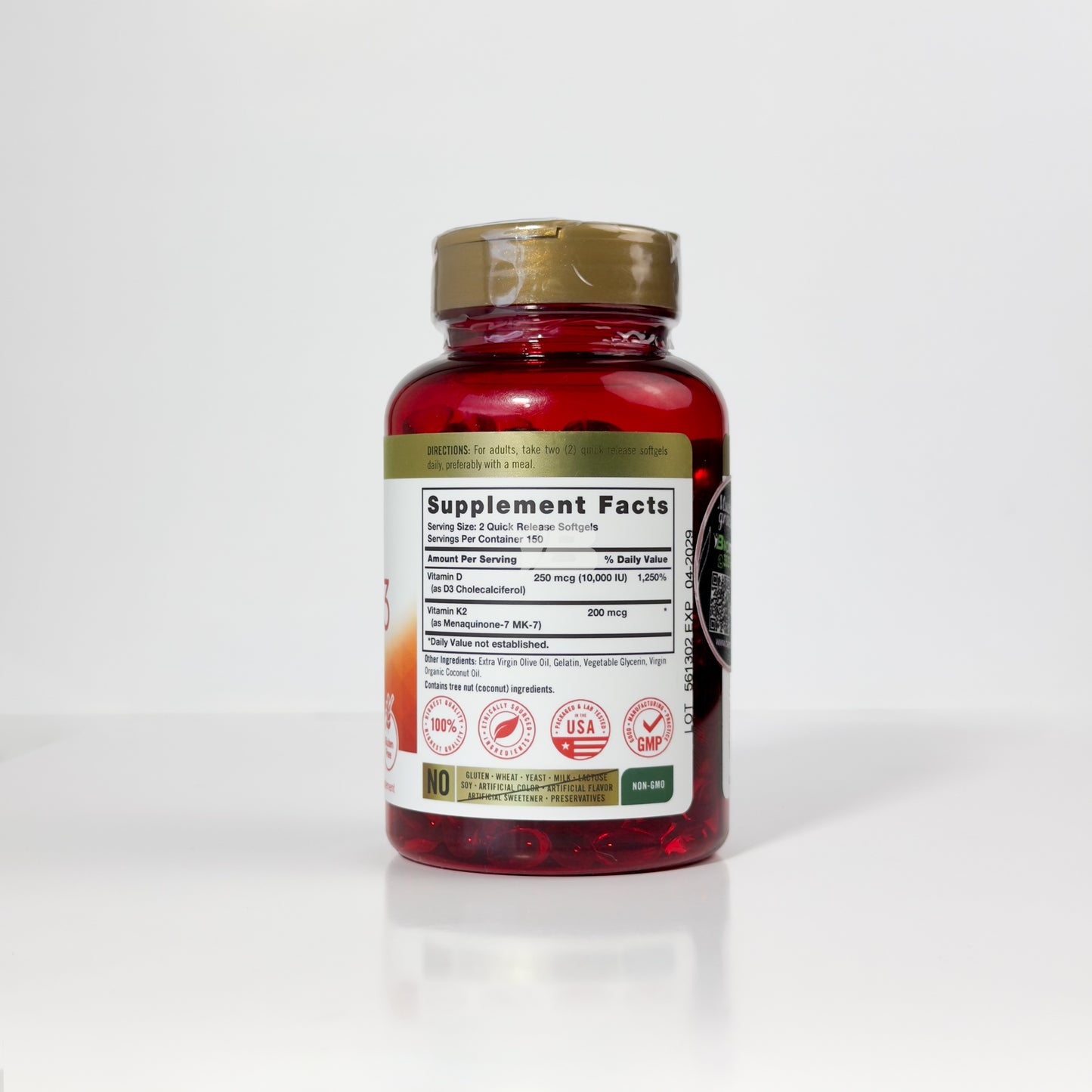 Vitamina K2 + D3 | 200 mcg K2 MK7 y 10,000 UI D3 | 300 softgels