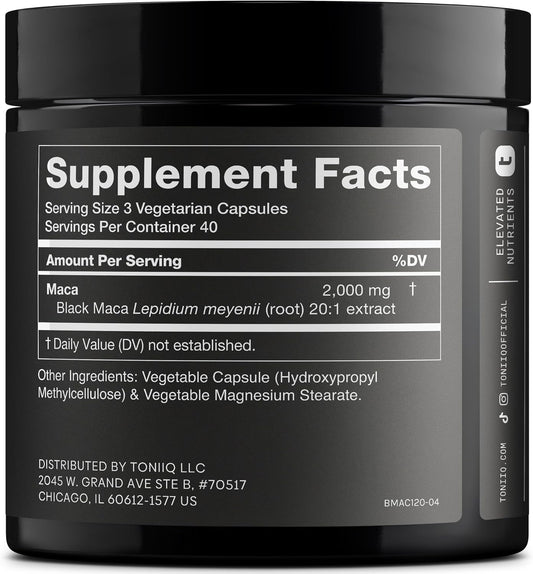 Maca Negra Concentrada para Energía, Vitalidad y Rendimiento | Toniiq Black Maca 20:1 – 120 Cápsulas