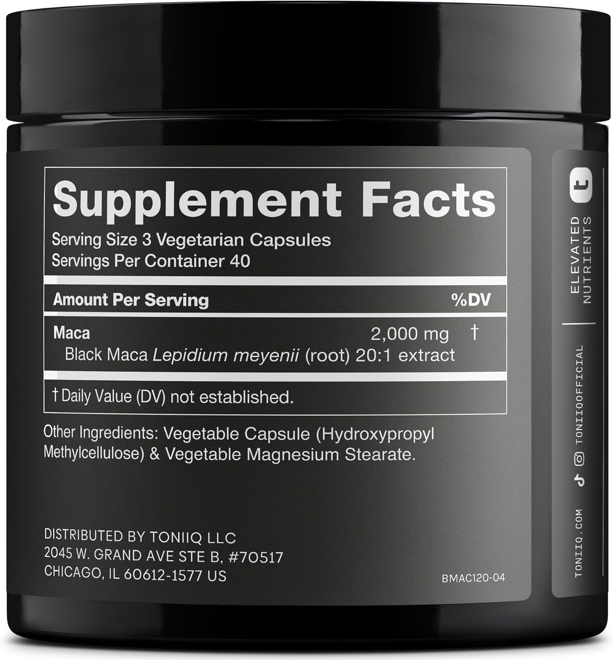 Maca Negra Concentrada para Energía, Vitalidad y Rendimiento | Toniiq Black Maca 20:1 – 120 Cápsulas