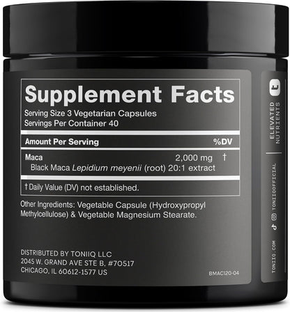 Maca Negra Concentrada para Energía, Vitalidad y Rendimiento | Toniiq Black Maca 20:1 – 120 Cápsulas