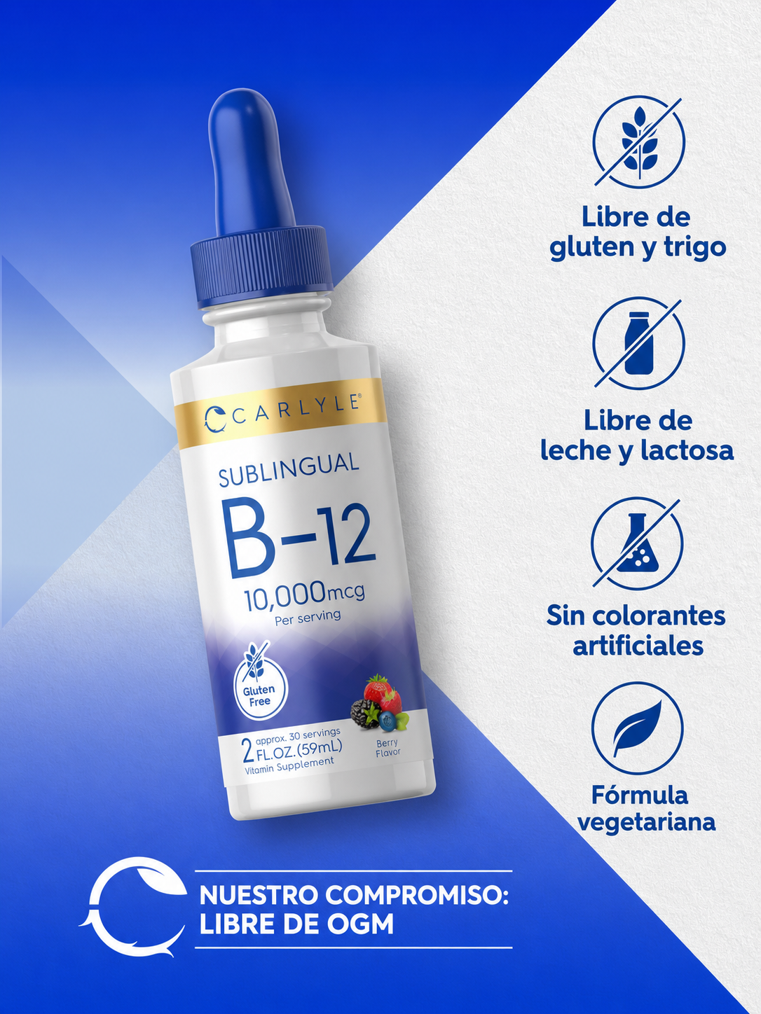 B12 Vitamina Carlyle Gotas líquidas sublinguales | 10,000 mcg | 2 fl oz |
