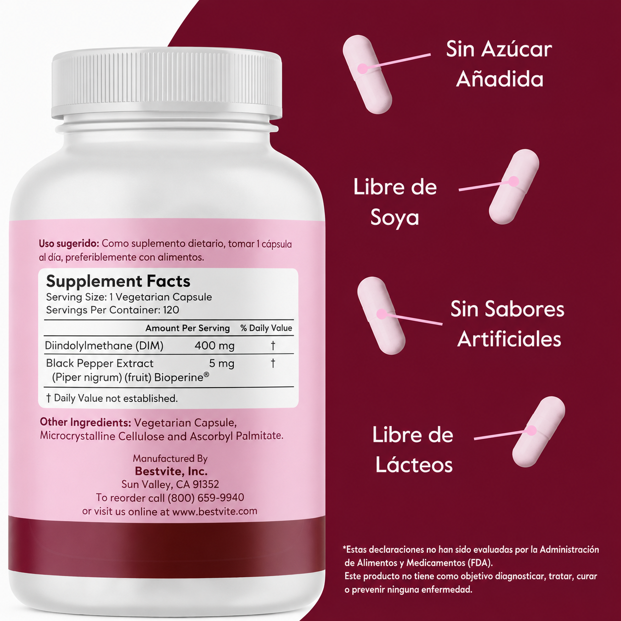 DIM (diindolilmetano) 400 mg con bioperina (120 cáps)