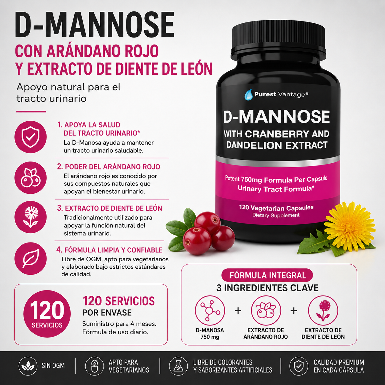 D manosa con arándano y Diente de Leon, 120 cápsulas | Soporte de vejiga, tracto urinario y ITU.