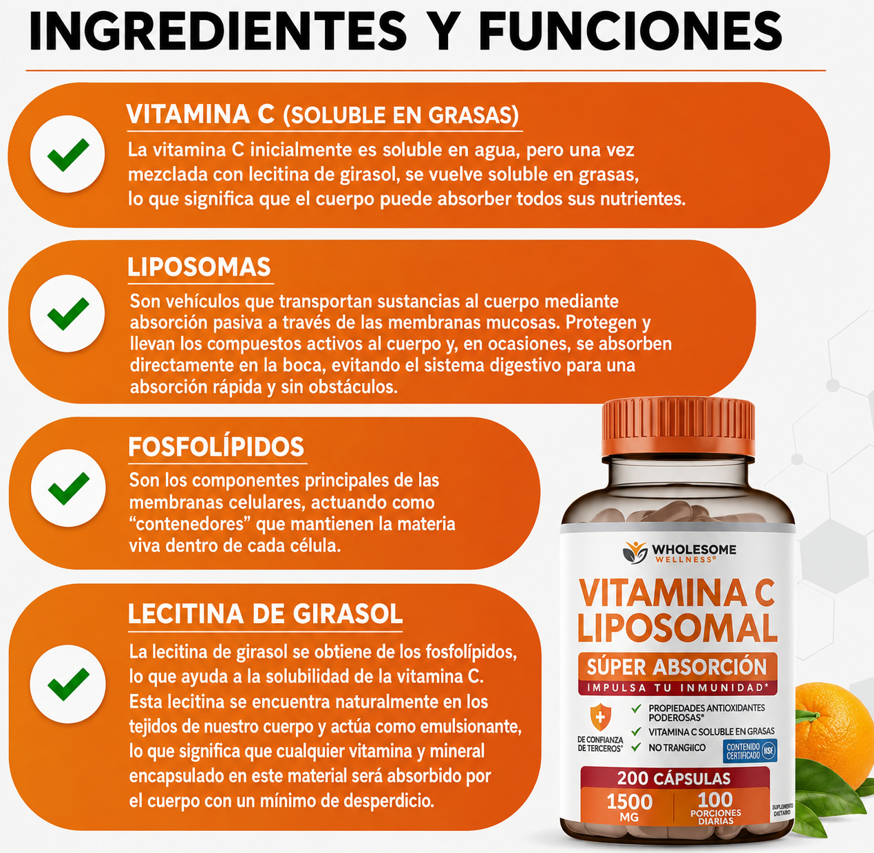 Vitamina C Liposomal Natural | 1500 mg | 200 cápsulas