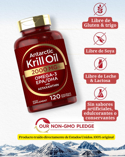 Aceite de Krill Antártico 2000 mg  | Omega-3 EPA, DHA, con Astaxantina Procedente de Krill Rojo