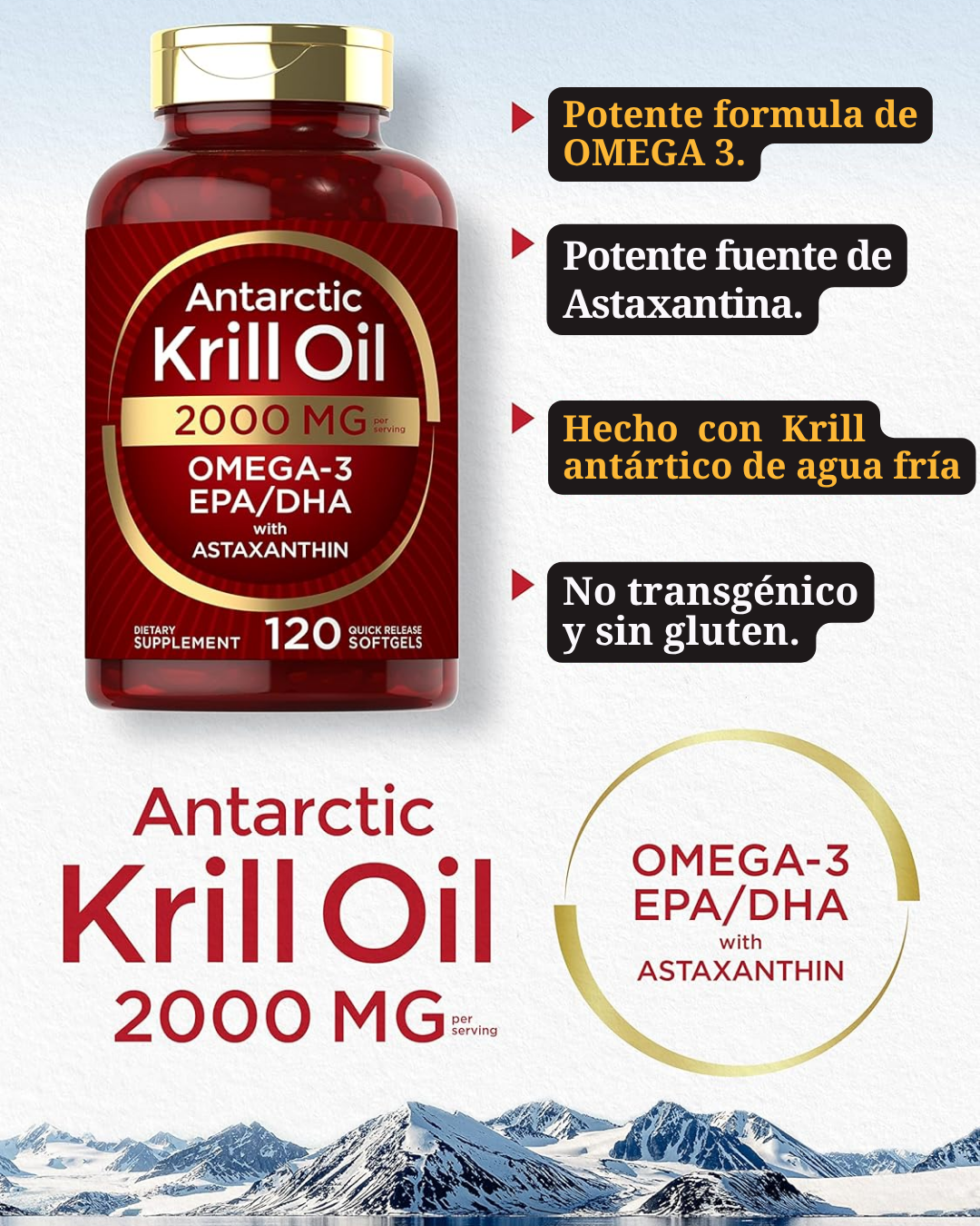 Aceite de Krill Antártico 2000 mg  | Omega-3 EPA, DHA, con Astaxantina Procedente de Krill Rojo