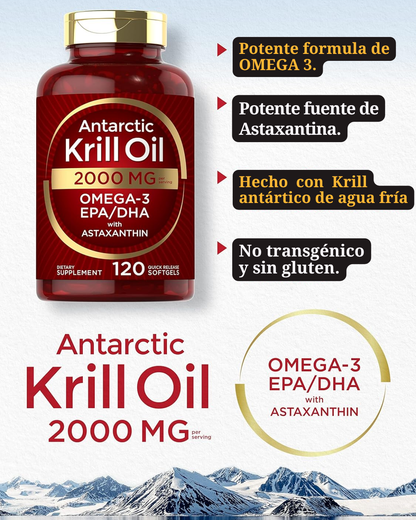 Aceite de Krill Antártico 2000 mg  | Omega-3 EPA, DHA, con Astaxantina Procedente de Krill Rojo