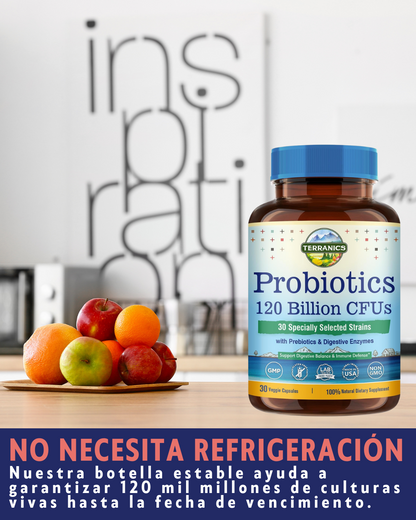 Probióticos 120 mil millones con prebióticos y enzimas digestivas, TERRANICS | 30 cepas probadas, digestión completa y apoyo inmunológico.