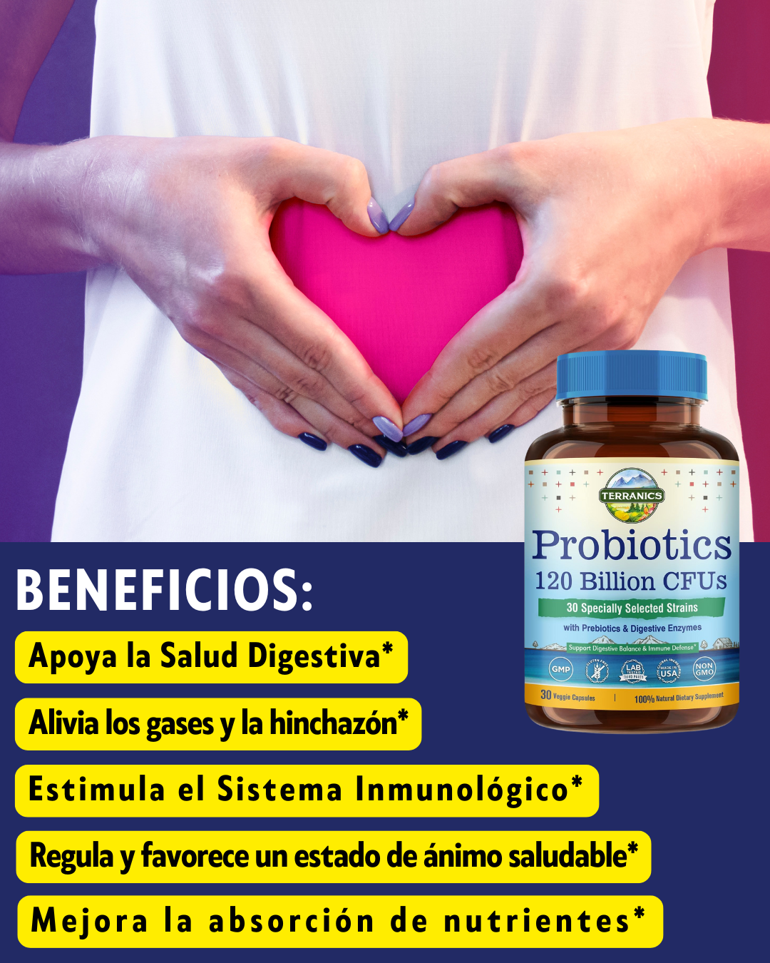 Probióticos 120 mil millones con prebióticos y enzimas digestivas, TERRANICS | 30 cepas probadas, digestión completa y apoyo inmunológico.