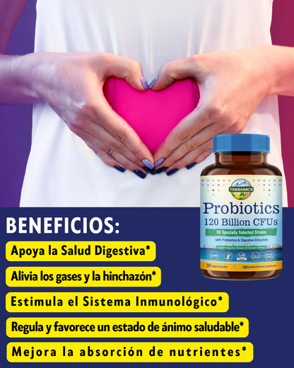 Probióticos 120 mil millones con prebióticos y enzimas digestivas, TERRANICS | 30 cepas probadas, digestión completa y apoyo inmunológico.