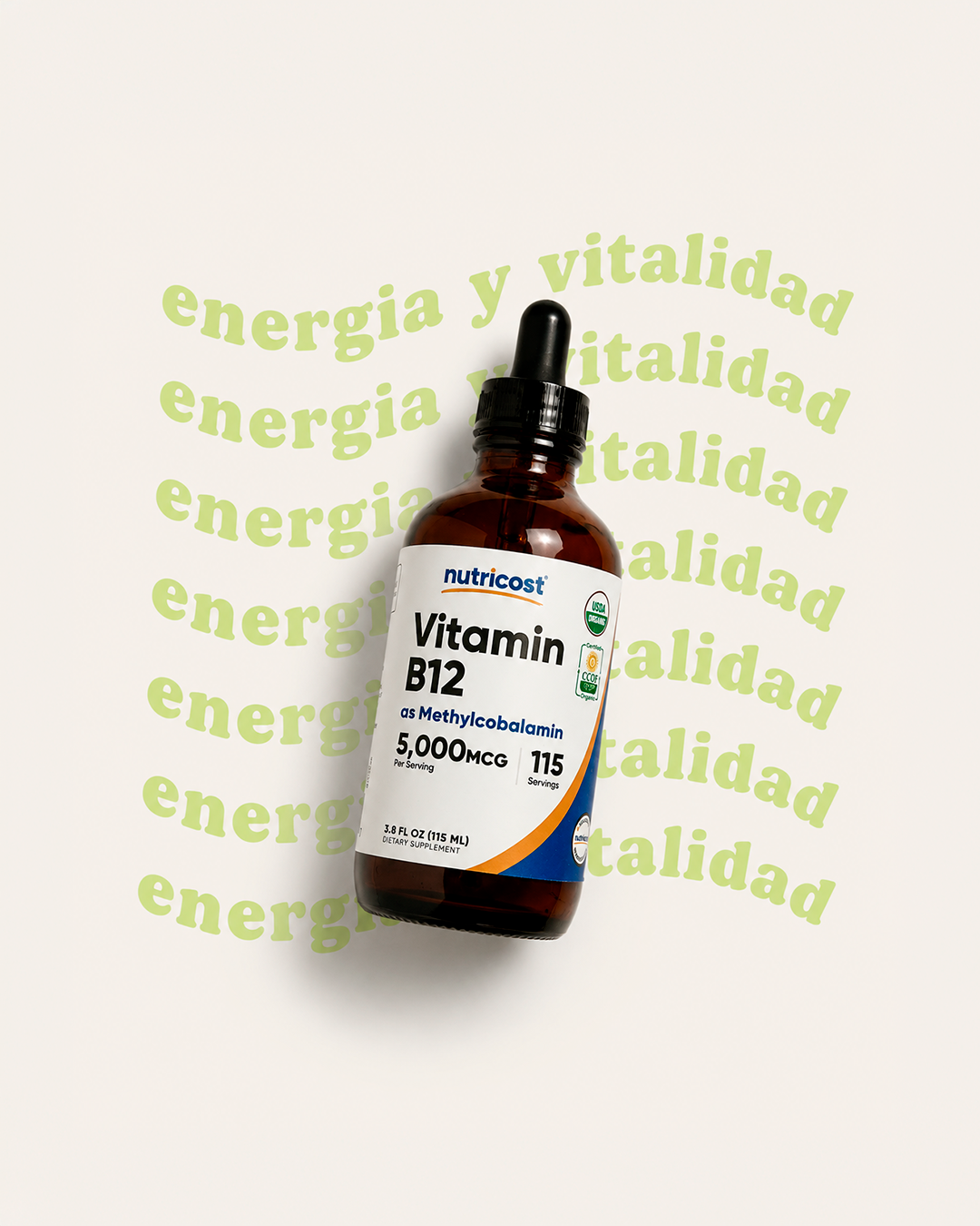 Vitamina B12 (Metilcobalamina) Gotas líquidas (5,000mcg) Nutricost | 3.8 Fl. Oz, orgánico USDA, certificado OTCO, apto para vegetarianos, sin OMG, sin gluten, 115 porciones