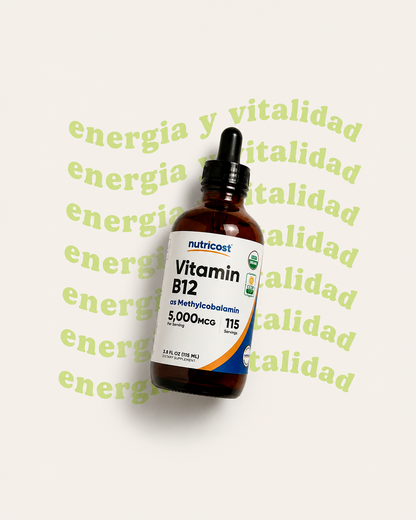 Vitamina B12 (Metilcobalamina) Gotas líquidas (5,000mcg) Nutricost | 3.8 Fl. Oz, orgánico USDA, certificado OTCO, apto para vegetarianos, sin OMG, sin gluten, 115 porciones