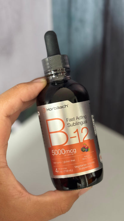 B12 Vitamina 5000 mcg Sublingual Hoorbach | 4 onzas líquidas | como metilcobalamina y cianocobalamina | Gotas vegetarianas líquidas | Sabor a bayas