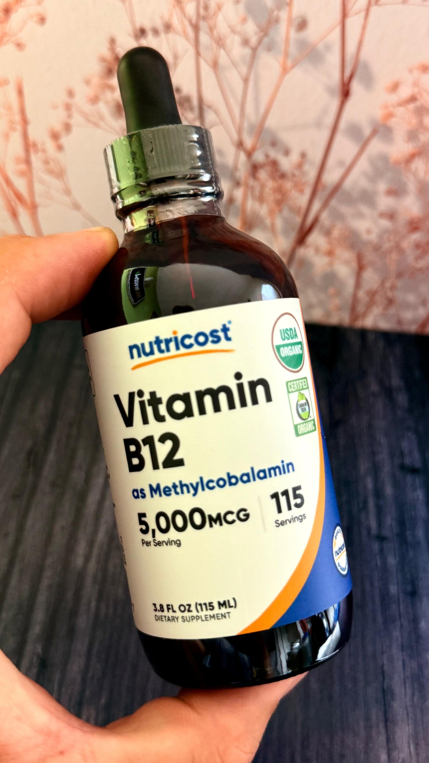 Vitamina B12 (Metilcobalamina) Gotas líquidas (5,000mcg) Nutricost | 3.8 Fl. Oz, orgánico USDA, certificado OTCO, apto para vegetarianos, sin OMG, sin gluten, 115 porciones