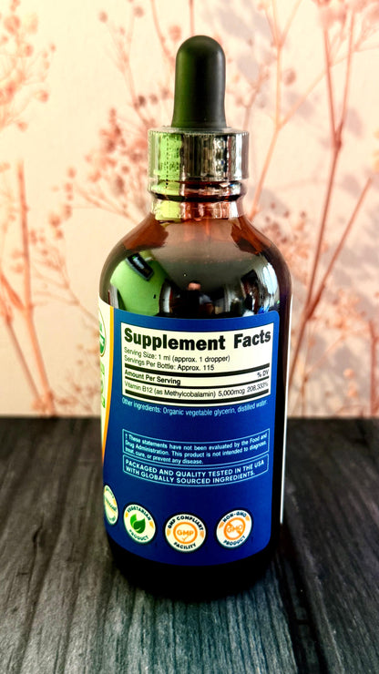 Vitamina B12 (Metilcobalamina) Gotas líquidas (5,000mcg) Nutricost | 3.8 Fl. Oz, orgánico USDA, certificado OTCO, apto para vegetarianos, sin OMG, sin gluten, 115 porciones