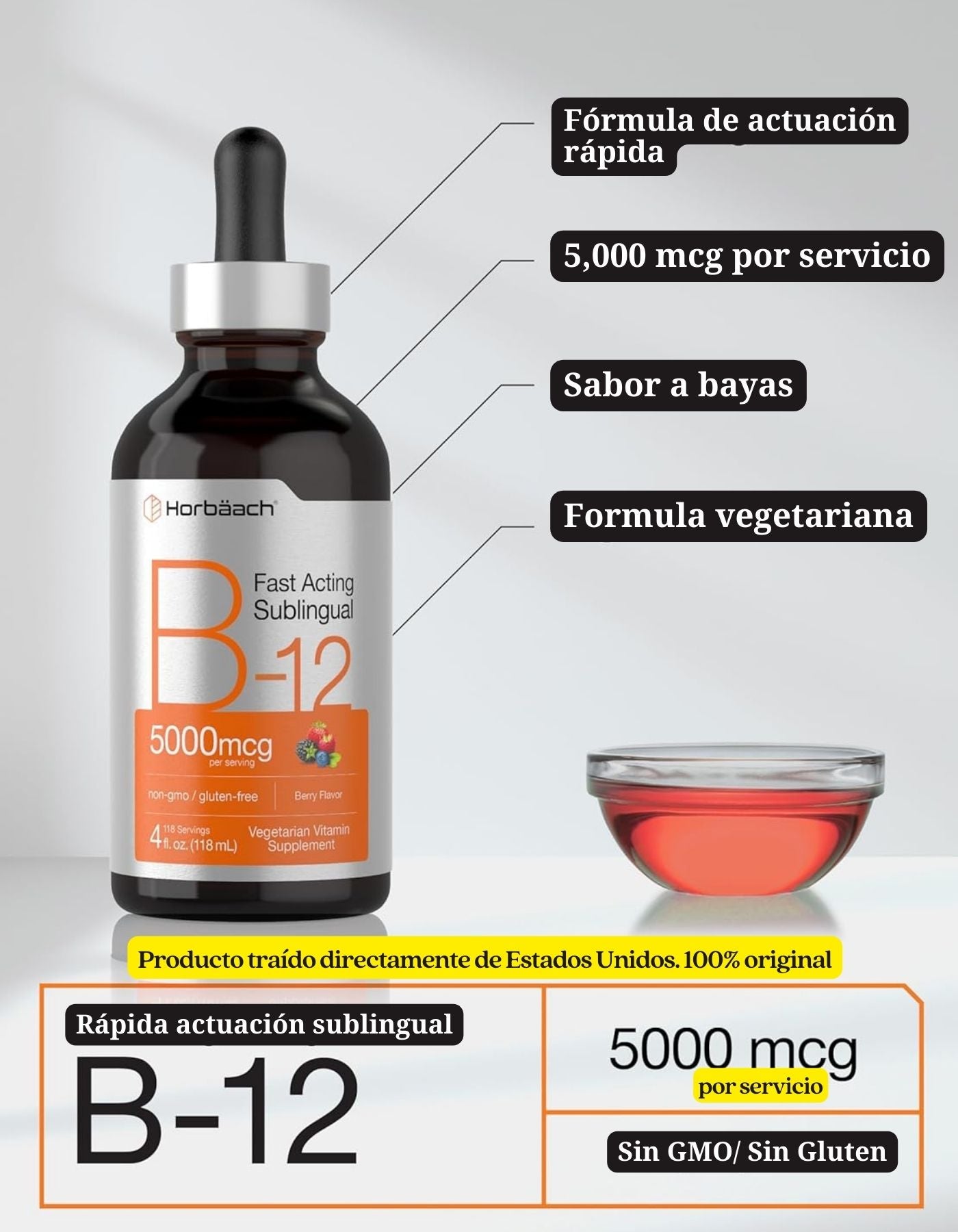 B12 Vitamina 5000 mcg Sublingual Hoorbach | 4 onzas líquidas | como metilcobalamina y cianocobalamina | Gotas vegetarianas líquidas | Sabor a bayas