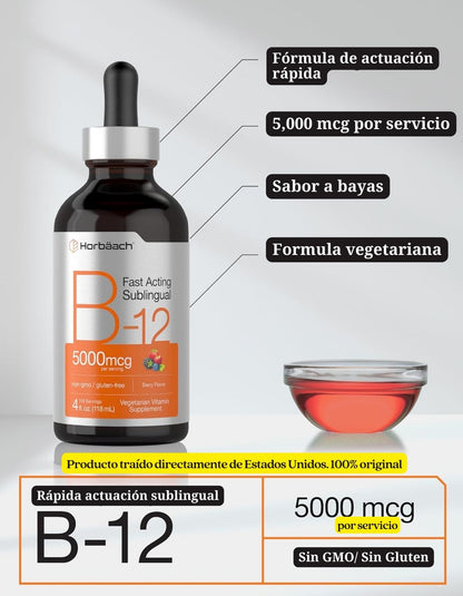 B12 Vitamina 5000 mcg Sublingual Hoorbach | 4 onzas líquidas | como metilcobalamina y cianocobalamina | Gotas vegetarianas líquidas | Sabor a bayas