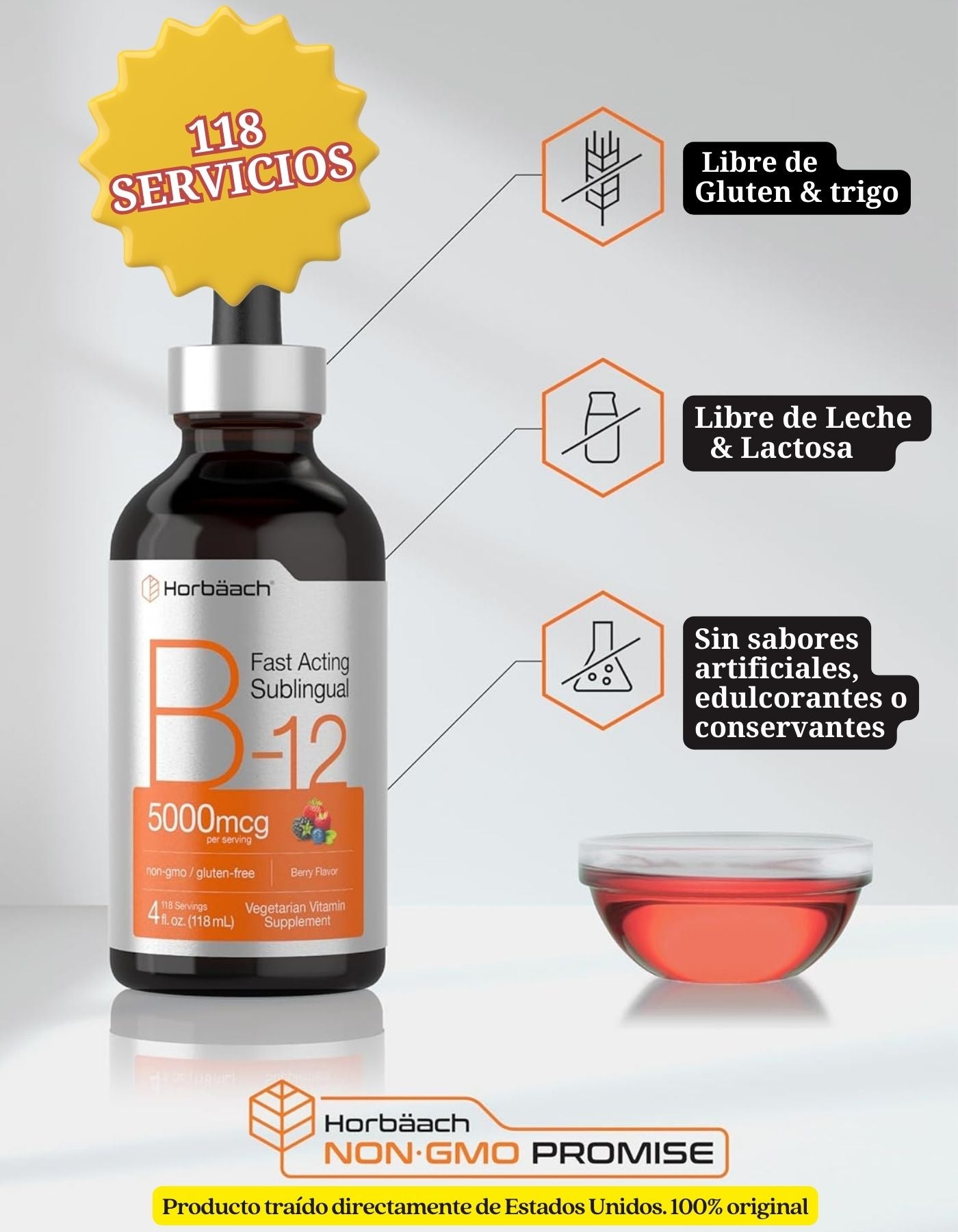 B12 Vitamina 5000 mcg Sublingual Hoorbach | 4 onzas líquidas | como metilcobalamina y cianocobalamina | Gotas vegetarianas líquidas | Sabor a bayas