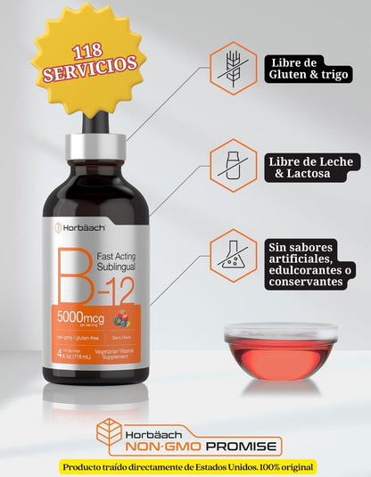 B12 Vitamina 5000 mcg Sublingual Hoorbach | 4 onzas líquidas | como metilcobalamina y cianocobalamina | Gotas vegetarianas líquidas | Sabor a bayas