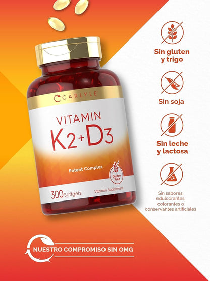 Vitamina K2 + D3 | 200 mcg K2 MK7 y 10,000 UI D3 | 300 softgels