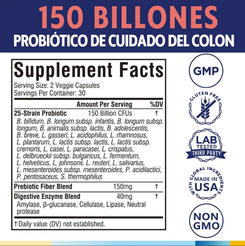 Probióticos diarios para hombres y mujeres, Terranics 150 mil millones de probióticos de 25 cepas, con prebióticos y enzimas, liberación retardada, estable en el almacenamiento, 60 cápsulas vegetales