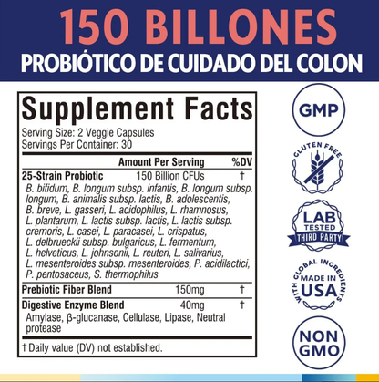Probióticos diarios para hombres y mujeres, Terranics 150 mil millones de probióticos de 25 cepas, con prebióticos y enzimas, liberación retardada, estable en el almacenamiento, 60 cápsulas vegetales