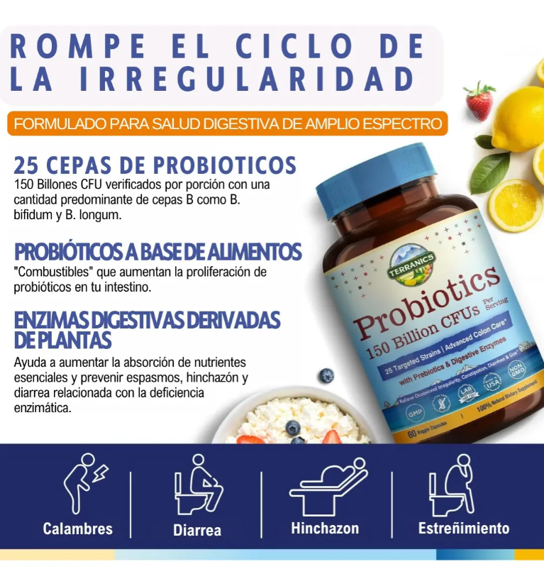 Probióticos diarios para hombres y mujeres, Terranics 150 mil millones de probióticos de 25 cepas, con prebióticos y enzimas, liberación retardada, estable en el almacenamiento, 60 cápsulas vegetales